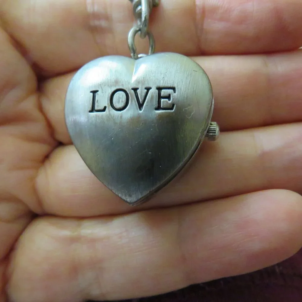 Vintage LOVE Heart Locket Watch Metal Purse Charm Pendant Clip On Dangle